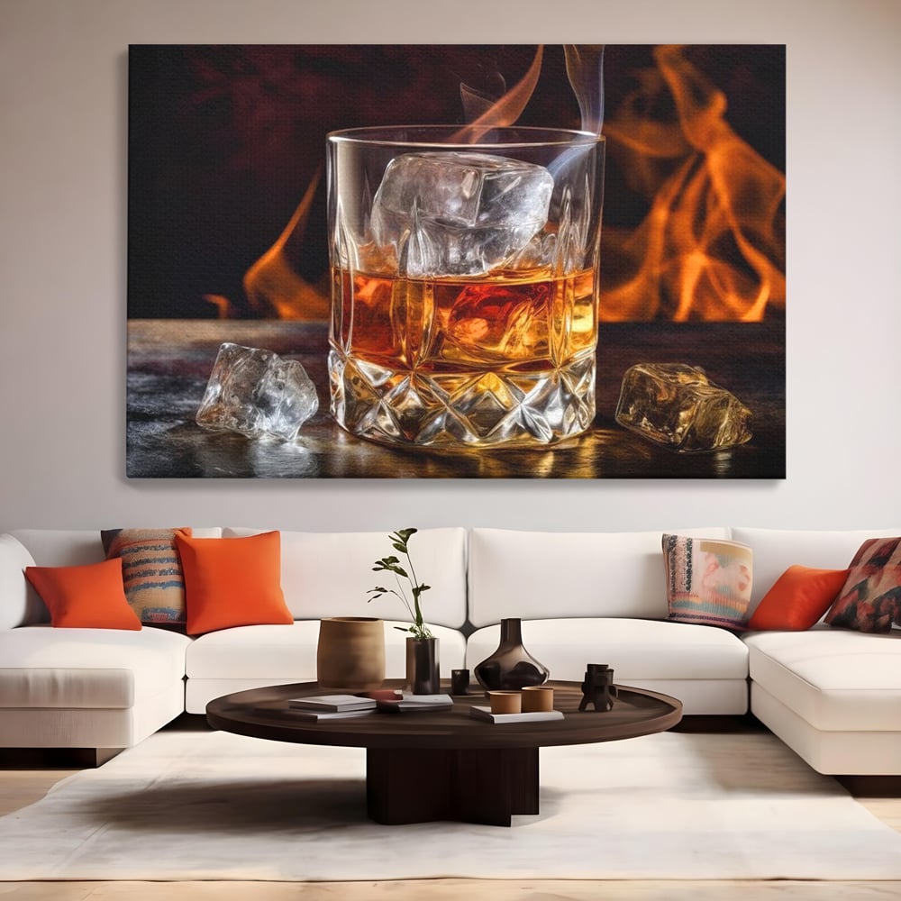 Tablou canvas cu tablou canvas cu pahar de whisky si foc, fara rama, pe sasiu de lemn, pe perete intr-un living